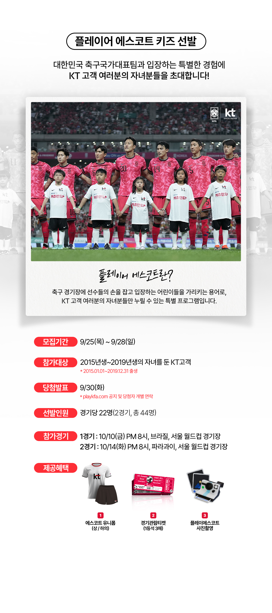 플레이어 에스코트 키즈 선발. 대한민국 축구국가대표팀과 입장하는 특별한 경험에 KT 고객 여러분의 자녀분들을 초대합니다! 플레이어 에스코트란? 축구 경기장에 선수들의 손을 잡고 입장하는 어린이들을 가리키는 용어로, KT 고객 여러분의 자녀분들만 누릴 수 있는 특별 프로그램입니다. 모집기간 : 9/25(목) ~ 9/28(일) / 참가대상 : 2015년생 ~ 2019년생의 자녀를 둔 KT고객 (2015.01.01 ~ 2019.12.31 출생) / 당첨발표 : 9/30(화) *playkfa.com 공지 및 당첨자 개별 연락 / 선발인원 : 각 경기당 22명(2경기, 총 44명) / 참가경기 : 1경기 - 10/10(금) PM 8시, 브라질, 서울 월드컵 경기장, 2경기 - 10/14(화) PM 8시, 파라과이, 서울 월드컵 경기장 / 플레이어 에스코트 제공 혜택 - 1. 에스코트 유니폼 상/하의, 2. 경기 관람 티켓 1등석 3매, 3. 플레이어 에스코트 사진 촬영