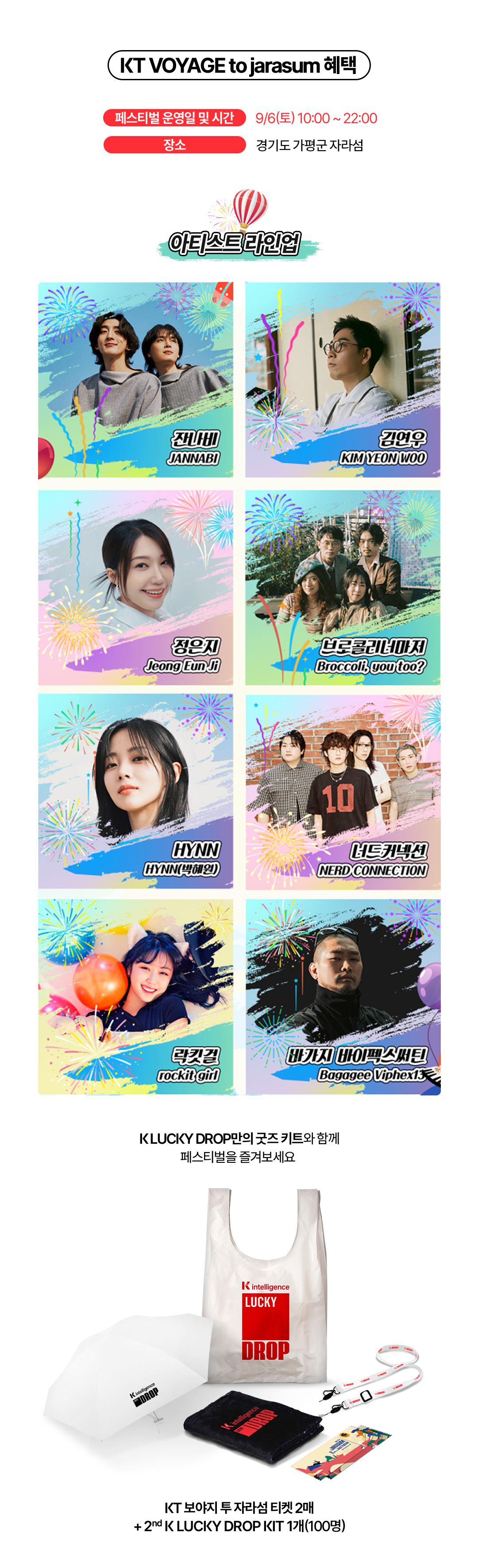 KT VOYAGE to jarasum 혜택 - 페스티벌 운영일 및 시간 : 9/6(토) 10:00부터 22:00까지 / 장소 : 경기도 가평군 자라섬. 아티스트 라인업 : 잔나비 JANNABI, 김연우 KIM YEON WOO, 정은지 Jeong Eun Ji, 브로콜리너마저 Broccoli, you too?, HYNN HYNN(박혜원), 너드커넥션 NERD CONNECTION, 락킷걸 rockit girl, 바가지 바이펙스써틴 Bagagee Viphex13. K LUCKY DROP만의 굿즈 키트와 함께. KT 보야지 투 자라섬 티켓 2매 + 2nd K LUCKY DROP KIT 1개(100명) 페스티벌을 즐겨보세요 