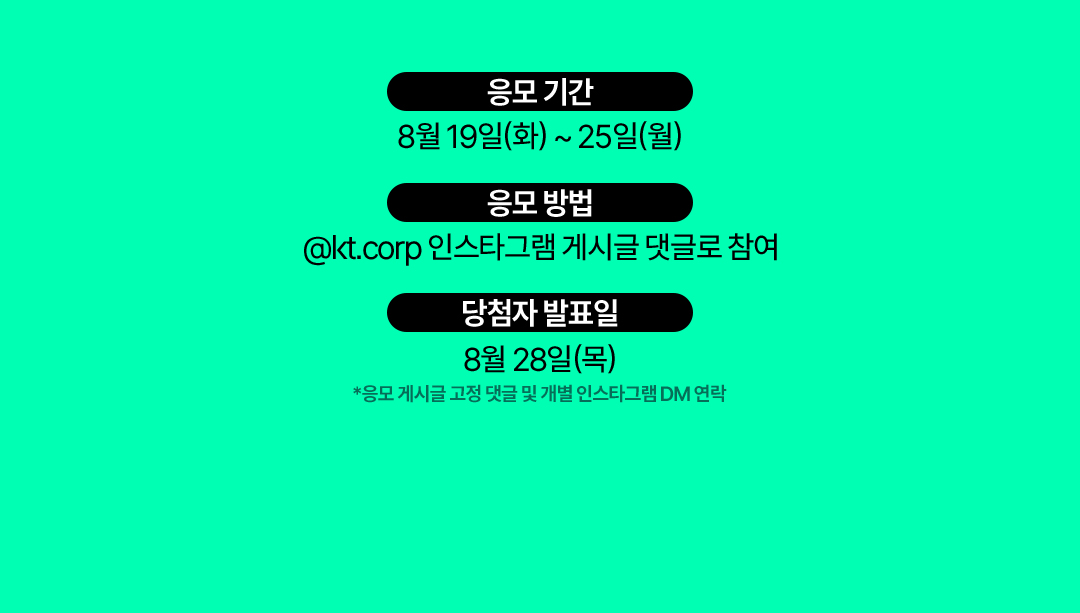 응모 기간 : 8월 19일(화)부터 25일(월)까지, 응모 방법 : @kt.corp 인스타그램 게시글 댓글로 참여,  당첨자 발표일 : 8월 28일(목) *응모 게시글 고정 댓글 및 개별 인스타그램 DM 연락
