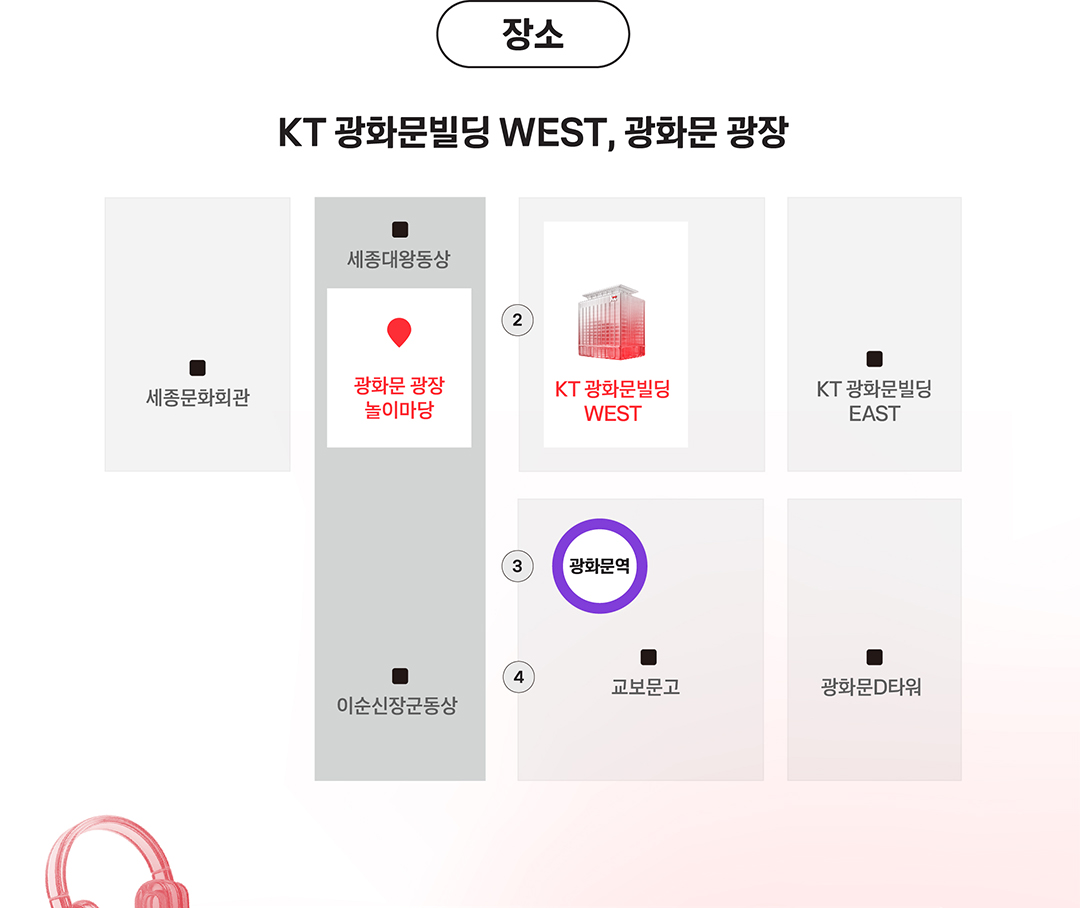 장소 : KT 광화문빌딩 WEST, 광화문 광장(행사 장소는 KT 광화문빌딩 WEST와 광화문 광장 놀이마당입니다. 광화문 광장 놀이마당은 세종대왕 동상 앞에 있으며, 세종문화회관과 이순신 장군 동상 사이에 위치합니다. 놀이마당 오른편에는 KT 광화문빌딩 WEST가 있고, 그 오른편에는 KT 광화문빌딩 EAST가 있습니다. 남쪽에는 광화문역이 있으며, 광화문역 2번과 3번 출구에서 나오면 광화문 광장 놀이마당과 가장 가깝습니다. 4번 출구로 나가면 교보문고와 광화문 D타워와 연결됩니다. 행사 방문객은 광화문역 2번, 3번, 또는 4번 출구를 이용하면 편리합니다.)